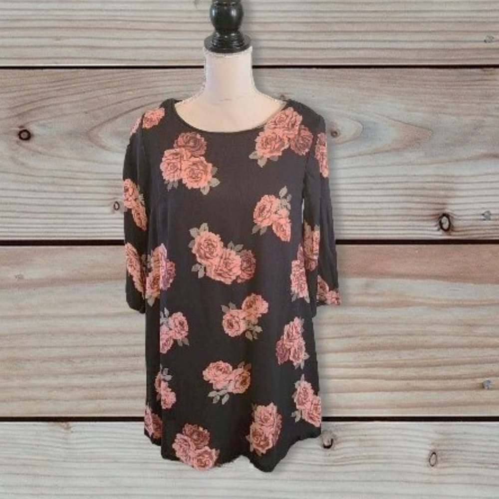 Mimi Chica Black Flowy‎ Cocktail Dress with Pink Roses 3/4 Sleeve in Size M
